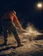 Motion photograph: a man mid-swing with a sledgehammer breaking up a concrete slab under one hard work light at night