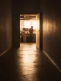 Struck-light photograph: a workshop door standing open at the end of a dark corridor, the workshop behind it lit and in use