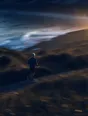 Motion photograph: a man in his sixties running a coastal path at first light, panned so he holds while the grass and sea edge pull sideways