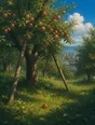 Painted anime scene: The orchard above town heavy with fruit, branches propped, one dropped apple in the grass under a laden tree, bright day.