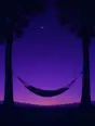 Grainy gradient illustration: An empty hammock swaying slightly between two dark trees under a deepening violet sky, the first star out.