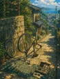 Painted anime scene: A bicycle upturned mid-repair on a sunny path, wheel off and leaning, tools laid in order, the patch kit open, everything unhurried.