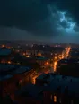 Film photograph: summer storm rain over dark rooftops, streets shining wet with reflected warm light under a slate sky.