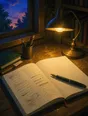 Painted anime scene: An open page of working under a warm evening lamp, lines crossed and rewritten as soft unreadable texture, a fresh page started beside it.