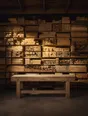 Struck-light photograph: a workshop stacked to the ceiling with more raw stock than could be worked through, the bench clear