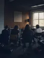 Dark cinematic photograph: A rehearsal room where exactly four musicians sit listening back, instruments down, all backs.