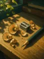 Painted anime scene: Pencil shavings curled bright around a sharpener in a blade of morning sun, the pencil point new and exact beside them.