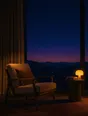Film photograph: a reading chair by a big window at night, one warm lamp, the sky beyond full of stars.