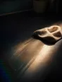 Prism-light photograph: A wet cloth left mid-stroke on a counter, hard sun across the drying streak.