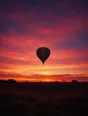 Film photograph: a single hot air balloon lifting off at dawn into a magenta and gold sky above a dark field.