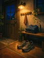 Painted anime scene: Running shoes set square by the door at night with the laces loosened ready, the hall lamp warm on them, dawn's kit folded on the bench above.