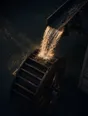 Dawn aerial photograph: an old watermill wheel mid-turn, the flume's water pouring onto it in gold spray.