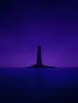 Grainy gradient illustration: A lighthouse standing unlit under the early stars, still tall and unmistakable against the violet sky.