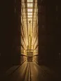 Struck-light photograph: a warehouse of high racking with one automated aisle moving on its own under flat rooflights