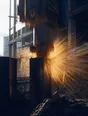 Motion photograph: a pile driver striking a steel pile on a site at midday, dust blasting off the pile cap and lit hard from behind