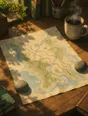 Painted anime scene: A hand-drawn route map held flat by two stones on a table, the old way and a cleaner new line marked as abstract strokes, morning coffee steaming beside it.