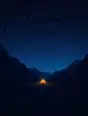Grainy gradient illustration: A small tent lit warm from inside in the middle of a vast dark valley under a sky full of stars.