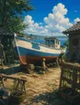 Painted anime scene: A small boat up on the boatyard blocks with its hull freshly patched and repainted, drying bright in morning sun, tools cleaned and racked.