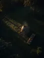 Dawn aerial photograph: a small stone kiln in a garden corner at dawn, fresh clay pots cooling on a wooden board.