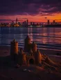 Film photograph: a city skyline glittering across dark water at dusk, a small sandcastle on the shore in the last warm light.