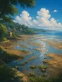 Painted anime scene: The tide coming back in strong and bright over the flats, sun on the advancing water, channels filling one after another.
