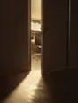 Struck-light photograph: a heavy door swinging shut on a brightly lit room, the last of the light raking the dark corridor floor