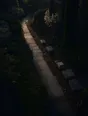 Dawn aerial photograph: a garden path half-laid at first light, set flagstones ending where the stacked ones wait.