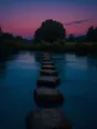 Film photograph: a line of evenly placed stepping stones crossing a calm teal river in plum dusk light.