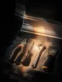 Prism-light photograph: A set of tools laid down clean and in a row on a cloth beside a finished job.