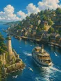 Painted anime scene: The ferry rounding the point into harbor with sun on its bow wave, gulls lifting, the town bright and waiting.