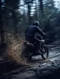 Motion photograph: a motorcycle climbing a muddy forest track under cold blue dawn light, thick mud thrown up off the rear wheel