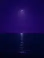 Grainy gradient illustration: A small crescent moon high over a dark calm sea, a thin path of moonlight reaching from the horizon to the near shore.