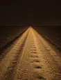 Struck-light photograph: a dirt road running clean to the horizon late in the afternoon with nothing on either side