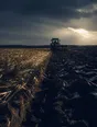 Dark cinematic photograph: A wide field being ploughed after harvest under a sky clearing after rain, dark turned earth, a low hard shaft of sun across the furrows.