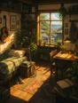 Painted anime scene: A full lived-in room at golden hour: guitar on the wall, plants, a racket, sketchbooks, framed pictures as soft unreadable texture, books everywhere, the desk just one corner of it.