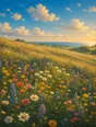 Painted anime scene: The hill meadow in full uncountable wildflower bloom at golden hour, color to the edges of the frame, the sea a bright line beyond.