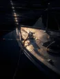 Prism-light photograph: A boat still on its mooring after a rough night, hard morning sun on the wet deck and the ropes.