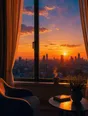 Film photograph: curtains thrown open to a blazing dawn over the city, a cup of coffee steaming on the windowsill.
