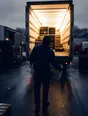 Dark cinematic photograph: A full crate of stock being carried across a depot yard in flat daylight, the carrier seen from behind.