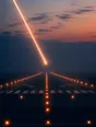 Motion photograph: a single lit runway at dawn, the approach lights running out into mist and a landing light coming in low