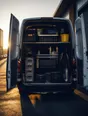 Dark cinematic photograph: A van packed to the roof and ready with its doors still open, dawn light behind it.