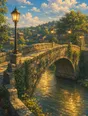 Painted anime scene: The old stone footbridge worn smooth by generations, its lamps just lit at evening, the river running gold beneath it.