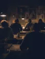 Dark cinematic photograph: An adult evening class seen from the back, warm lamps low over long tables, heads bent over the work.