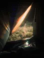 Prism-light photograph: A tent's open flap at first light, the nylon lit through and the grass combing the light.