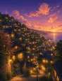 Painted anime scene: The hillside at dusk as the windows come on together, dozens warming in the same minute, no house first and no house last, the sky violet and peach.