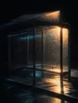 Prism-light photograph: A bus shelter at low sun with rain running down its glass panels.