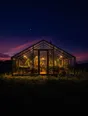 Film photograph: a greenhouse glowing gold and green from within, alone in a dark field under an indigo night.