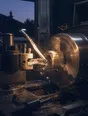 Motion photograph: a lathe spinning at speed in a workshop at dusk, a continuous curl of steel peeling off the cut