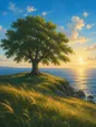 Painted anime scene: One full broad tree alone on the headland at golden hour, complete in itself, long grass moving, the sea bright behind.