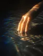 Prism-light photograph: A hand lowered slowly into still water, the ripples spreading out and combing the sun.